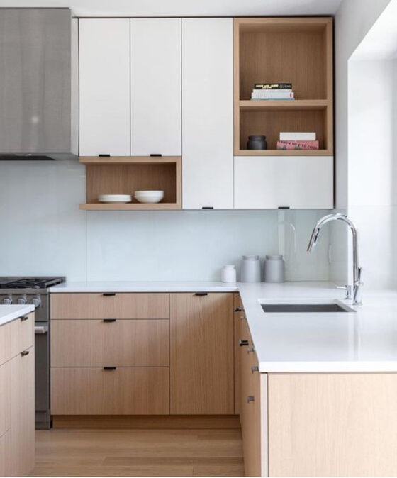 An L shaped kitchen design with window, airy and bright,